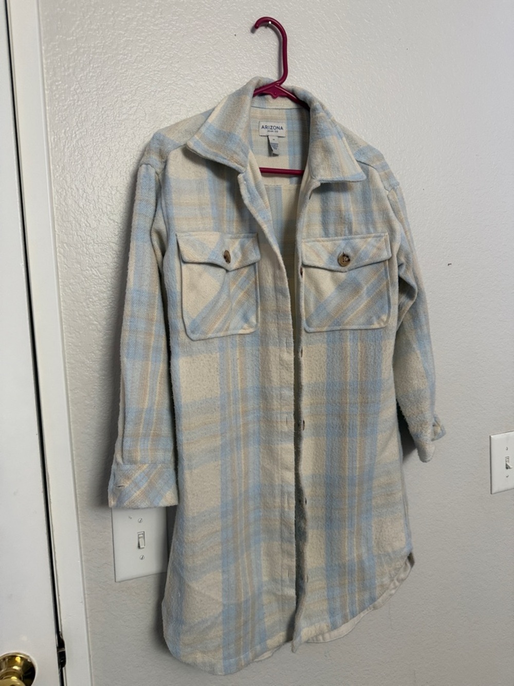 Arizona Jean Company Cream and Light Blue Plaid Shacket